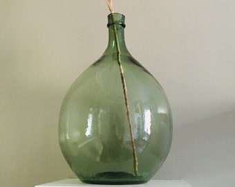 Antique French Dame Jeanne moss green 10L vintage 1940s saber neck, demijohn