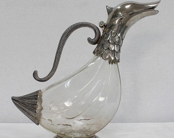 Vintage cristal and silver metal duck decanter, Vintage art deco,Vintage French table silverware brand Silea since 1900