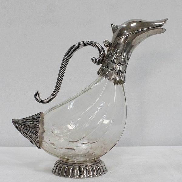 Vintage cristal and silver metal duck decanter, Vintage art deco,Vintage French table silverware brand Silea since 1900