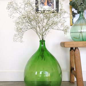 French Dame Jeanne 30L Vintage green color 1960s, antique water drop shaped vase, dame jeanne blown