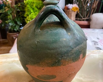 Antique French stoneware dame jeanne/ hand thrown wine jar / vintage rustic farmhouse pottery/terracota vase since 19th century