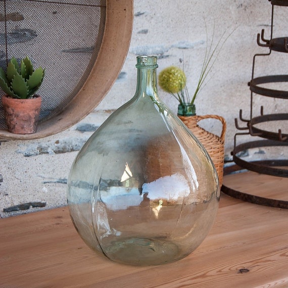 XL Size 25L Antique French Green Demijohn/dame Jeanne Transparent, Antique  Saber Neck 