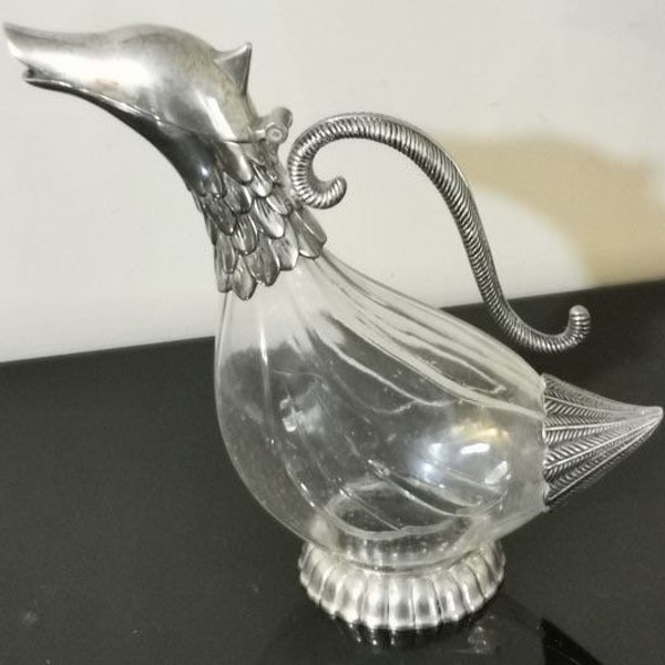 Vintage cristal and silver metal duck decanter, Vintage art deco,Vintage French table silverware Silea stamped, since 1900