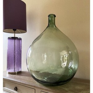 Large French size Dame Jeanne 25L, demijohn blown glass Vintage green color 1960s, antique vase