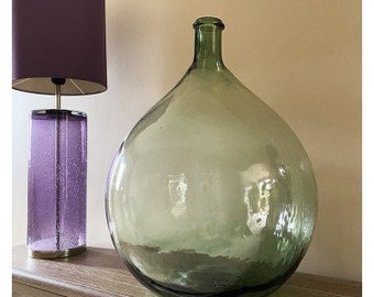 Large French size Dame Jeanne 25L, demijohn blown glass Vintage green color 1960s, antique vase
