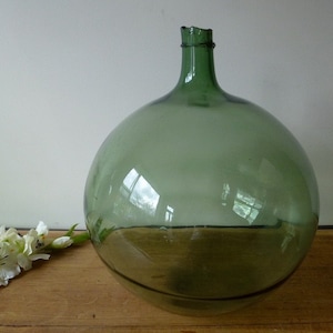 Antique French Dame Jeanne green blown glass 10L- 12L vintage 1960s saber neck, antique demijohn rare form