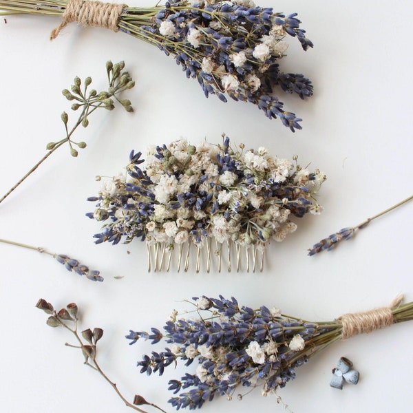 LAVENDER boutonniere & hair comb preserved gysophila  mix lavender dried flower, bridal accessories, wedding DYI