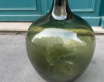 Rare huge Demijohn carboy 30L dark green moss Alsacien dame jeanne  cicara 1900s , saber neck