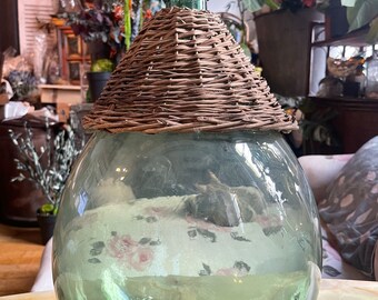 XL size 19th century antique French Blown vase Demijohn/Dame jeanne 20L with rattan wicker - saber neck