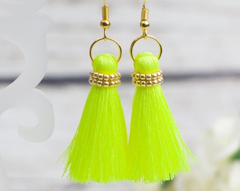 Mini Tassel Earrings Neon Yellow earrings everyday earrings Summer Jewelry small tassel earrings silky boho earrings for girls earrings