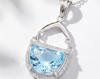 Swiss Blue Topaz Pendant, Natural Swiss Blue Topaz Purse Shape Pendant Necklace in .925 Sterling Silver, December Birthstone Pendant