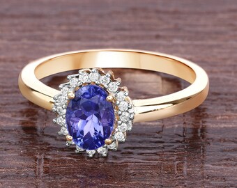 Tanzanite Ring, Solid 14k Yellow Gold Tanzanite Diamond Halo Ring for Her, Deep Lavender Gemstone Gold Ring, Engagement Ring, Promise Ring