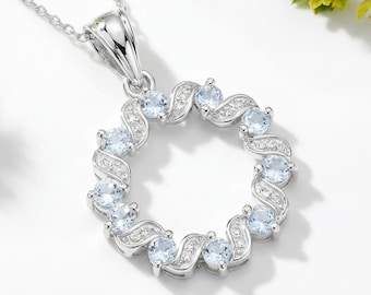 Aquamarine Pendant, Wreath Design Natural Aquamarine Silver Pendant Necklace for Women, Natural Sea Blue Gemstone Pendant Necklace
