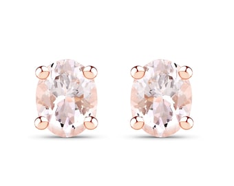 Morganite Earrings, Genuine Peach Morganite Oval Silver 14K Rose Gold Plated 0.50 Carat Stud Earrings, Bridesmaid Gifts, Minimalist Earrings