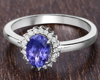 Tanzanite Ring, Solid 14k White Gold Tanzanite Diamond Halo Ring for Her, Deep Lavender Gemstone Gold Ring, Engagement Ring, Promise Ring