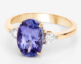 14k Gold Tanzanite and Diamond Ring, Genuine Tanzanite Engagement Ring, Natural Tanzanite Oval Cut with Diamonds Ring 14k Yellow Gold