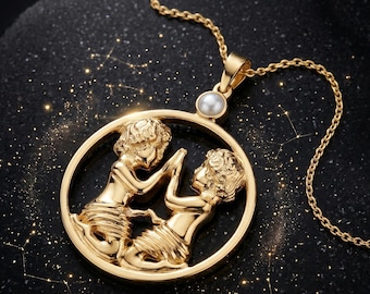Gemini Twins Pendant, 14k Sterling Silver Yellow Gold Pearl Gemstone Gemini Zodiac Pendant Necklace, Astrology Zodiac Sign Jewelry Gifts