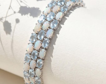 Blue Topaz Bracelet, Natural Blue Topaz Bracelet, Blue Topaz and Opal 3-Row Sterling Silver Tennis Bracelet, December Birthstone Bracelet