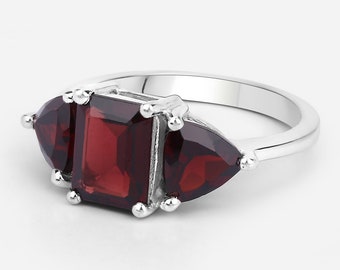 Garnet Silver Ring, Natural 3-Stone Garnet Ring in 925 Sterling Silver, Mozambique Garnet Silver Ring, January Birthstone Ring