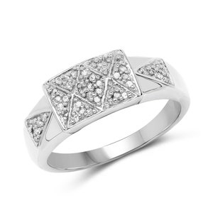 Silver Diamond Ring, Genuine White Diamond Sterling Silver Ring for Women, April Birthstone Ring, Silver Diamond Wide Cocktail Band Ring