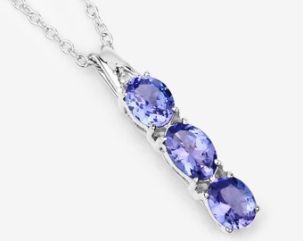 Tanzanite Pendant, Natural 3-Stone Tanzanite Silver Pendant Necklace for Women, December Birthstone Pendant Necklace, Bridesmaid Gift