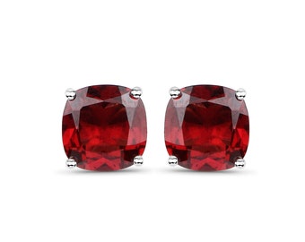 Garnet Earrings, Genuine Garnet Sterling Silver Earrings, Red Garnet Cushion Earrings for Women, January Birthstone Stud Earrings for Her