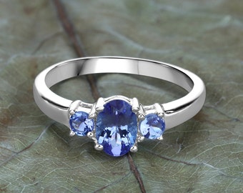 Tanzanite Ring, Natural Tanzanite Oval Sterling Silver Ring for Women, December Birthstone Ring, Silver Tanzanite 3 stone Ring