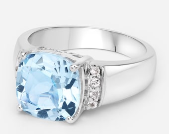 Blue Topaz Ring, Genuine Blue Topaz Cushion and White Topaz Cocktail Ring, Sterling Silver Ring, December Birthstone Ring, Gifts for Her