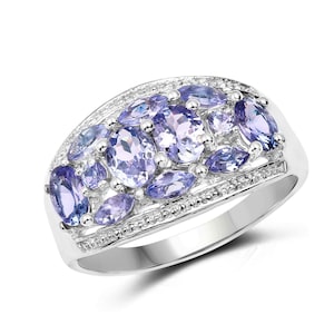 Tanzanite Ring, Natural Tanzanite Ovals Sterling Silver Cluster Ring, December Birthstone, Silver Tanzanite Ring for Women, Anniversary Gift