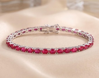 14k Gold Ruby Bracelet, Genuine Ruby Ovals White Gold Bracelet for Women, Gold Ruby Tennis Bracelet, July Birthstone, Anniversary Gift