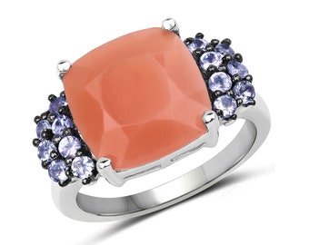 Peach Moonstone Ring, Genuine Peach Moonstone - Tanzanite Sterling Silver Ring, Peach Moonstone Ring for Women, Silver Gemstone Ring