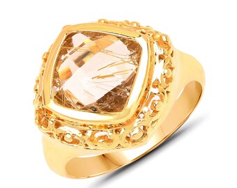 Golden Rutile Ring, Genuine Golden Rutile Ring 14K Yellow Gold Sterling Silver, Golden Rutile Ring for Women, Yellow Gemstone Ring