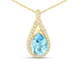 14k Gold Blue Topaz Pendant, Genuine Swiss Blue Topaz and Diamond Pendant Necklace 14k White Gold for Women, December Birthstone Pendant