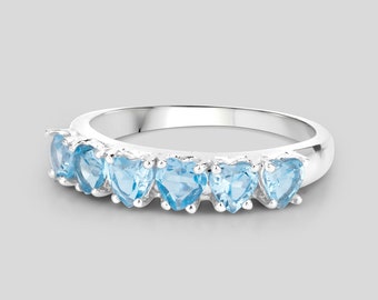 Blue Topaz Ring, Natural Blue Topaz Hearts Band Ring, Sterling Silver Ring, Blue Topaz Silver Ring, December Birthstone Ring