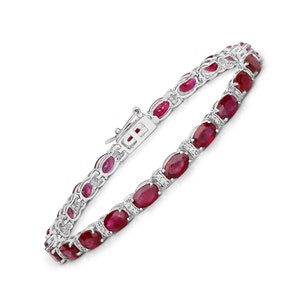 14k Gold Ruby Bracelet, Genuine Ruby Ovals and Diamond Gold Bracelet for Women, 14k Solid White Gold Ruby Tennis Bracelet, July Birthstone