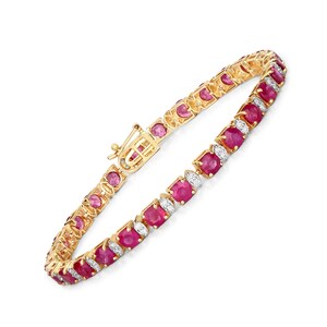 14k Gold Ruby Bracelet, Genuine Ruby Rounds and Diamond Gold Bracelet for Women, 14k Solid Yellow Gold Ruby Tennis Bracelet, July Birthstone