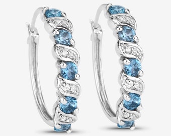 London Blue Topaz Earrings, Genuine London Blue Topaz Hoop Silver Earrings for Women, December Birthstone Earrings, Blue Gemstone Earrings