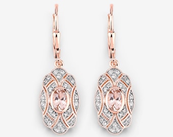 Morganite Earrings, Genuine Morganite Rose Gold Plated Silver Earrings for Women, Peach Morganite Gemstone Dangling Earrings for Her