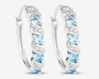 Swiss Blue Topaz Earrings, Genuine Swiss Blue Topaz Hoop Silver Earrings for Women, December Birthstone Earrings, Blue Gemstone Earrings