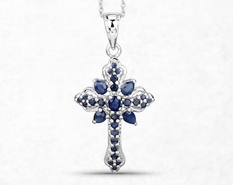 Sapphire Pendant, Natural Sapphire Cross Pendant, September Birthstone, Sterling Silver Religious Pendant, Silver Cross Necklace, Navy Blue
