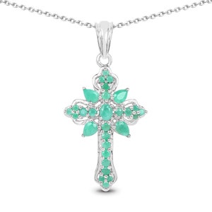 Emerald Pendant, Genuine Emerald Marquise Cross Pendant in .925 Sterling Silver, Gift for Mom, Gift for Her