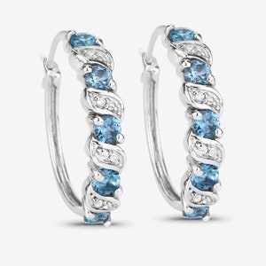 London Blue Topaz Earrings, Genuine London Blue Topaz Hoop Silver Earrings for Women, December Birthstone Earrings, Blue Gemstone Earrings