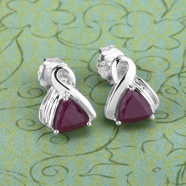Ruby Earrings, Natural Ruby Trillion-Cut Stud Earrings in .925 Sterling Silver, Red Gemstone Earrings, July Birthstone Earring, Gift for Her