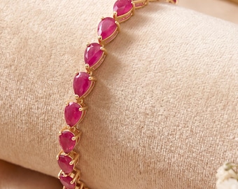 14k Gold Ruby Bracelet, Genuine Ruby Pears 14k Gold Bracelet for Women, 14k Solid Yellow Gold Ruby Tennis Bracelet, Anniversary Gift