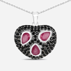 Ruby Pendant, Ruby Pear Shape and Black Spinel Rounds Heart Cluster Pendant in .925 Sterling Silver, July Birthstone Pendant Necklace