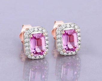 14K Rose Gold Pink Sapphire Earrings, Genuine Emerald-Cut Pink Sapphire and Diamond Stud Earrings, September Birthstone, Bridesmaid Gift