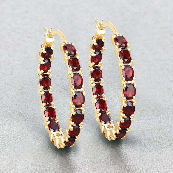 Garnet Earrings, Genuine Garnet Hoop Silver Earrings for Women, Natural Red Gemstone Yellow Gold Plated Earrings, Bridesmaid Gift for Her