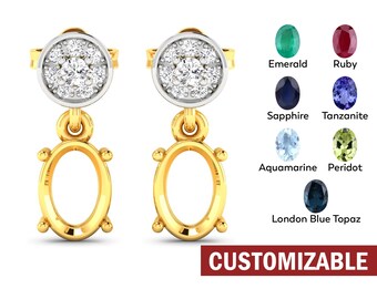 Custom 14K Yellow Gold Diamond Earrings Semi-Mounting, Set (7x5mm Ovals) Emerald, Ruby, Sapphire, Tanzanite, London B/T, Aquamarine, Peridot
