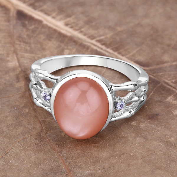 Moonstone Ring, Natural Peach Moonstone & Tanzanite Sterling Silver Ring for Women, Boho Ring, Birthstone Ring, Birthday Gift for Her