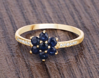 14kt Gold Sapphire & Diamond Ring, Floral Sapphire Ring, Yellow Gold Ring, Blue Ring, September Birthstone, Minimalist Gold Ring, Royal Blue